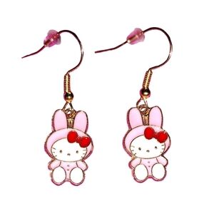 Easter Hello Kitty Pink Bunny Costume Red Ribbon Gold Plated Dangle Drop Earring